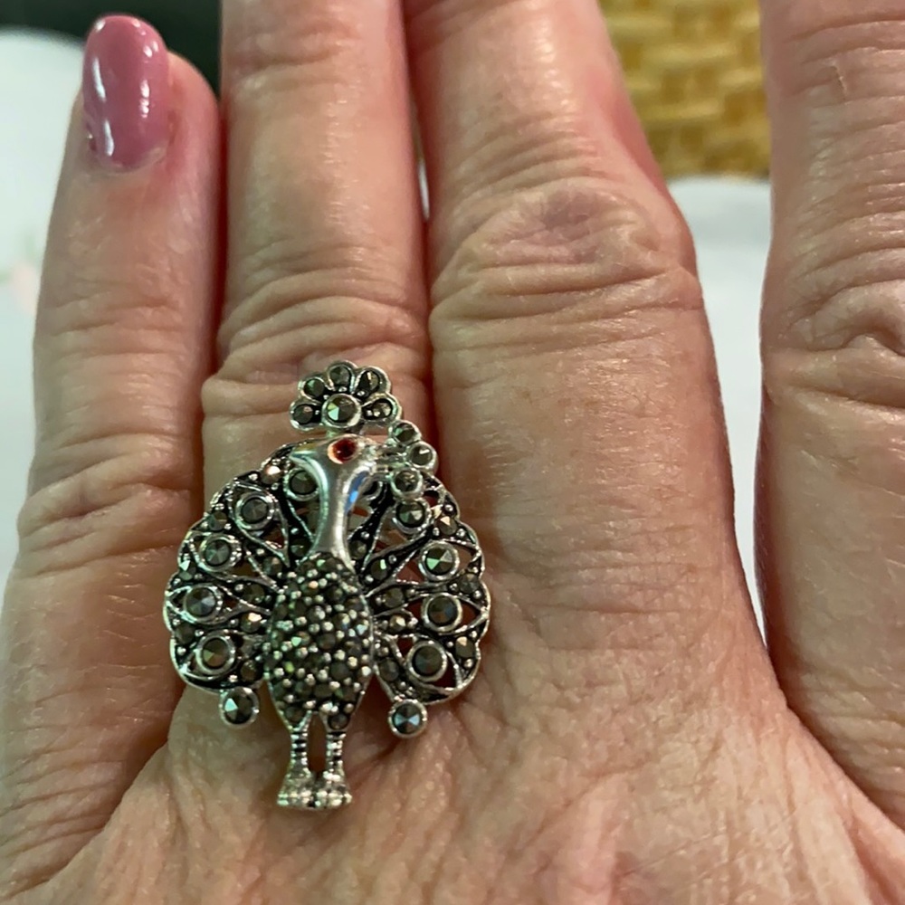 Sterling Silver Marcasite Ruby Peacock Ring - image 1